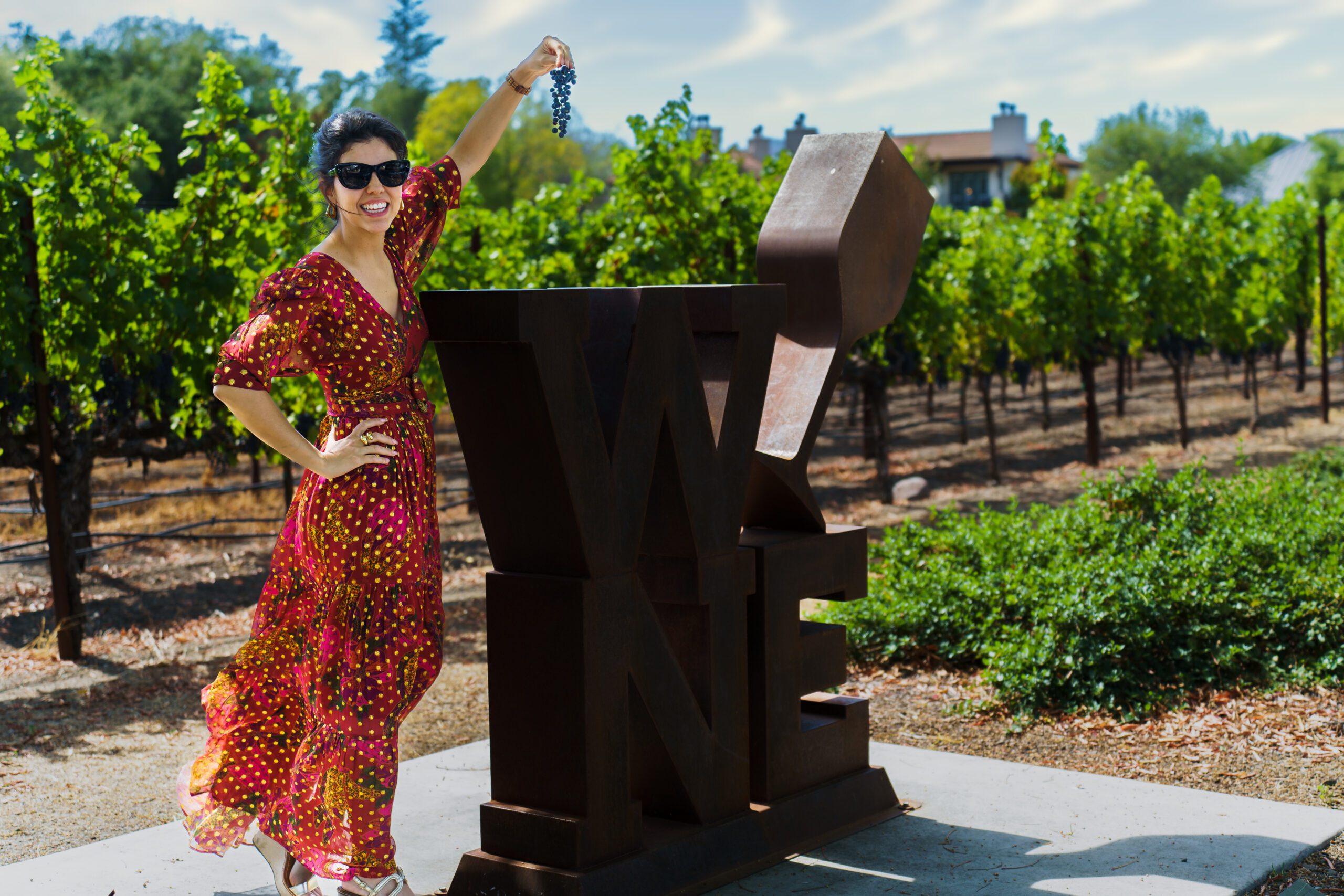 brand photo of a tour guide in Napa Valley holding grapes close to a Wine Sign, vineyard in the back.


