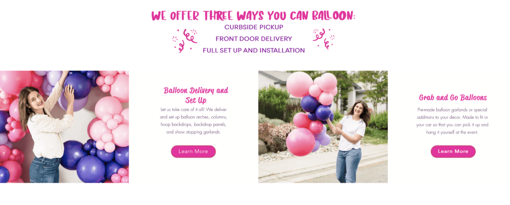 photo of a balloon decoration business  using brand photos on the website